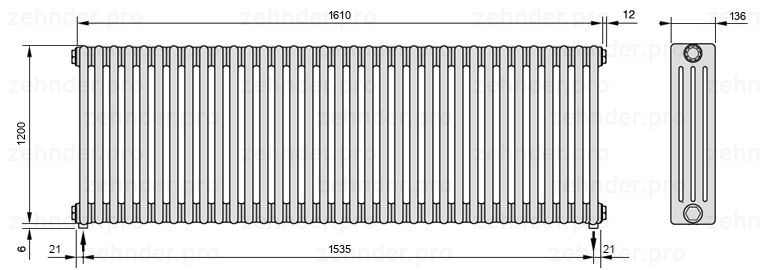 Схема (чертеж) Радиатор Zehnder Charleston 4120/35 №5310 Белый глянцевый RAL 9016